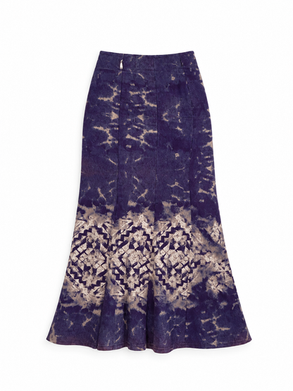 Vintage Fashionway Navy Blue Tie-Dye Geometric Flared Maxi Skirt – M