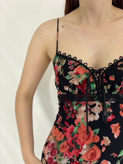 Y2K Floral Print Lace Trim Mini Dress Black with Red & Green Roses - S