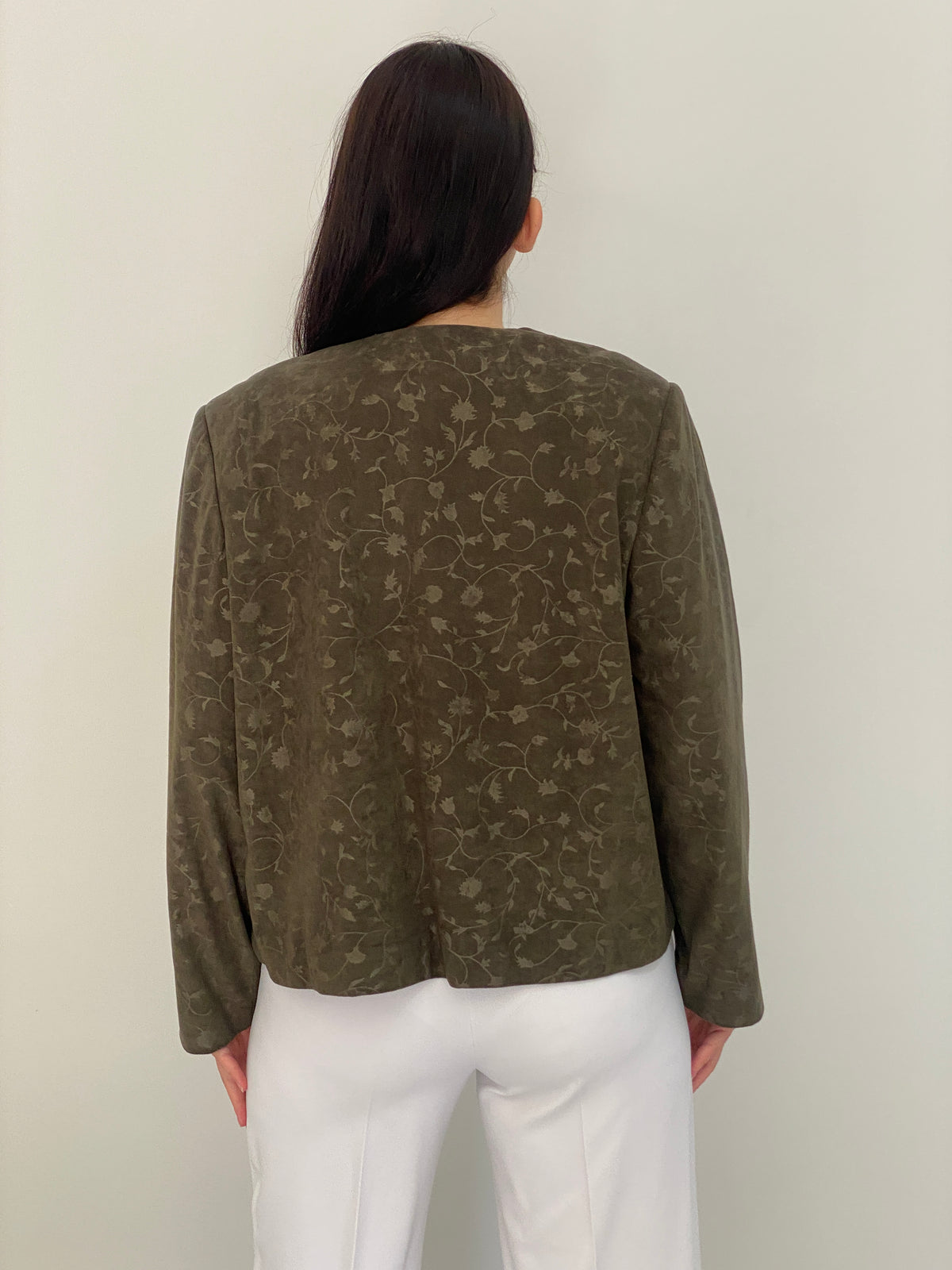 Vintage 90s Handmade Olive Green Floral Jacquard Single Button Blazer – L