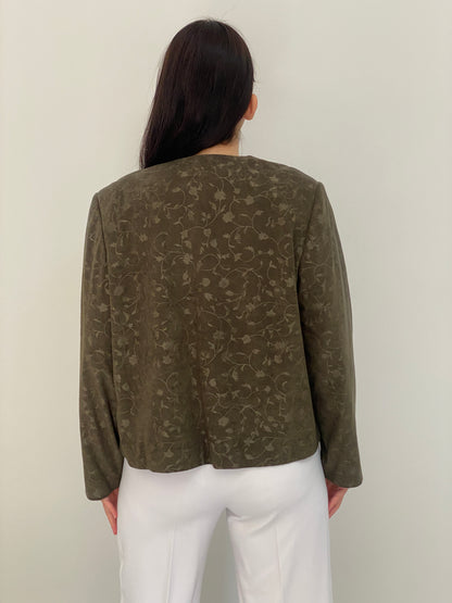 Vintage 90s Handmade Olive Green Floral Jacquard Single Button Blazer – L