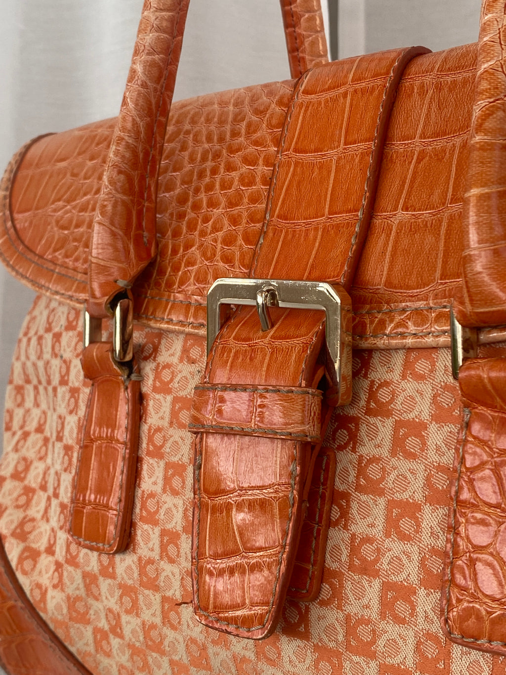 Liz Claiborne NYC Signature Fabric Orange Monogram with Faux Croc Leather Print Shoulder Bag
