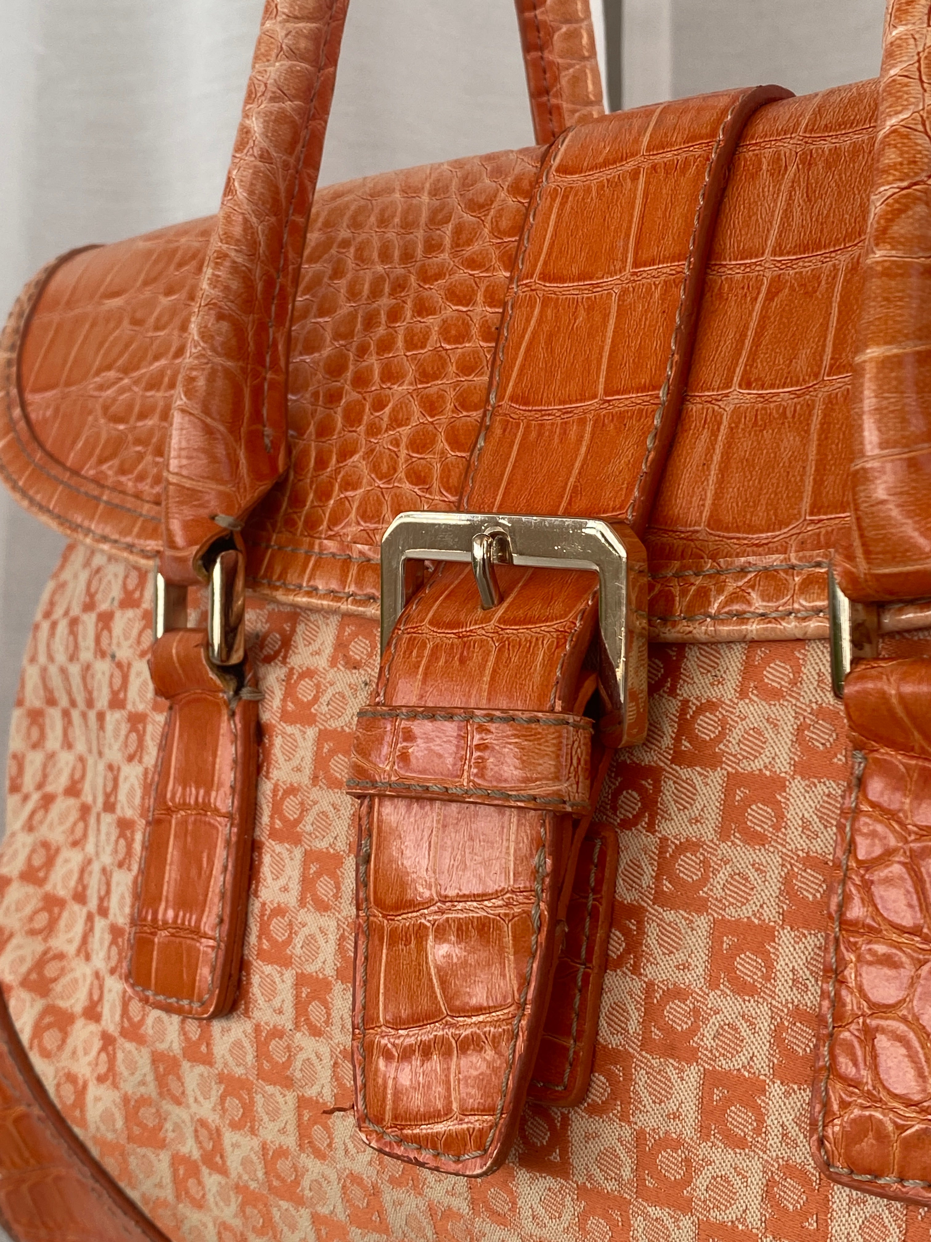 Liz Claiborne NYC Signature Fabric Orange Monogram with Faux Croc Leather Print Shoulder Bag
