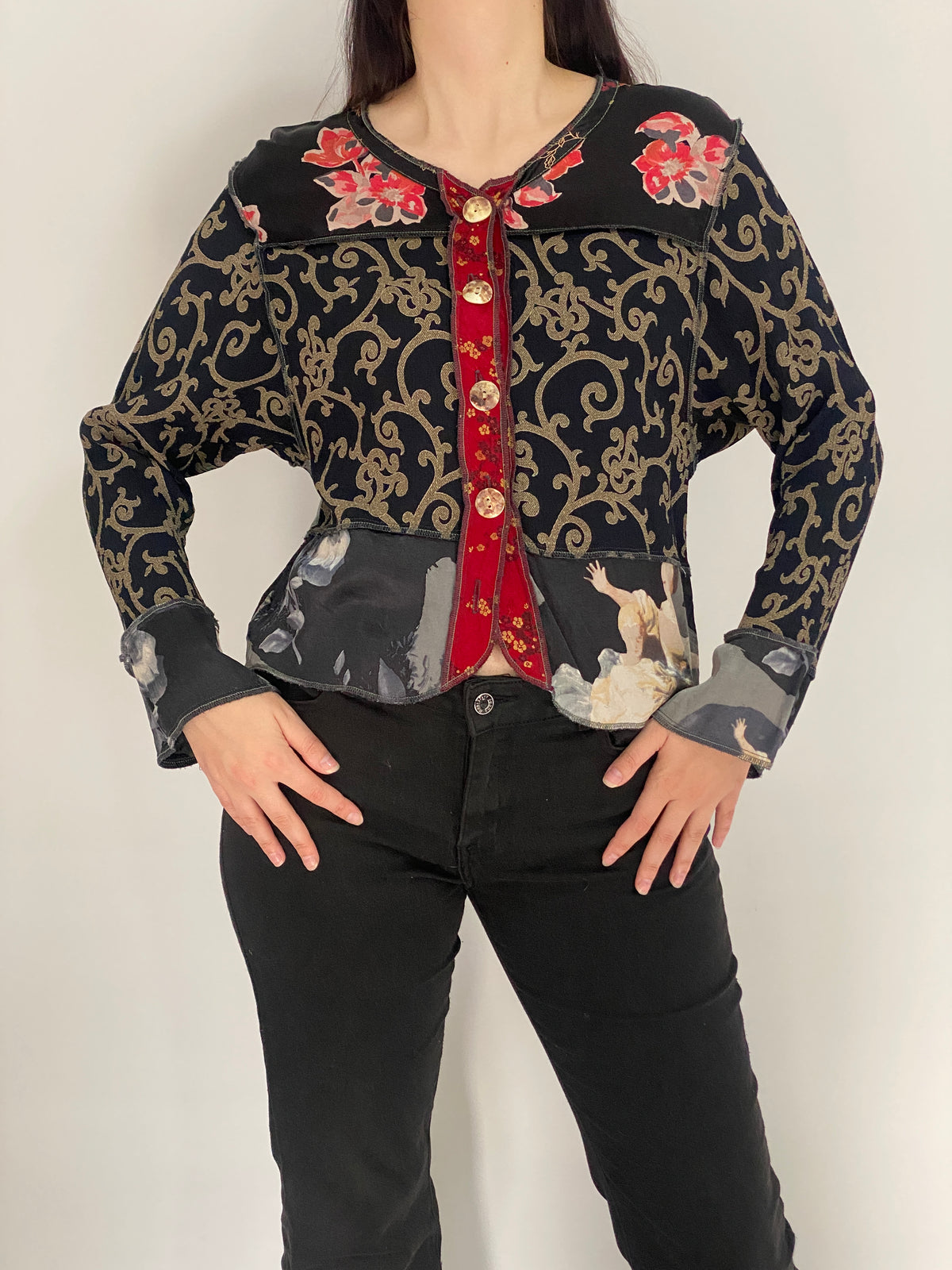 Vintage Nothing Matches Black Mixed Print Patchwork Cardigan – M