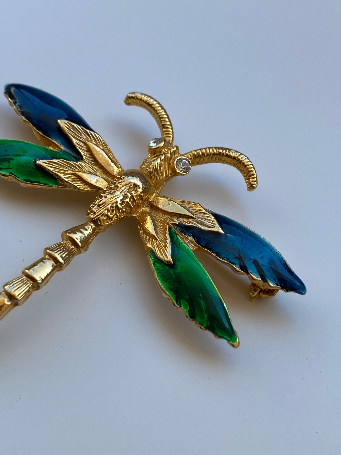 Vintage Gold Tone Enamel Dragonfly Brooch Blue & Green Winged Statement Pin