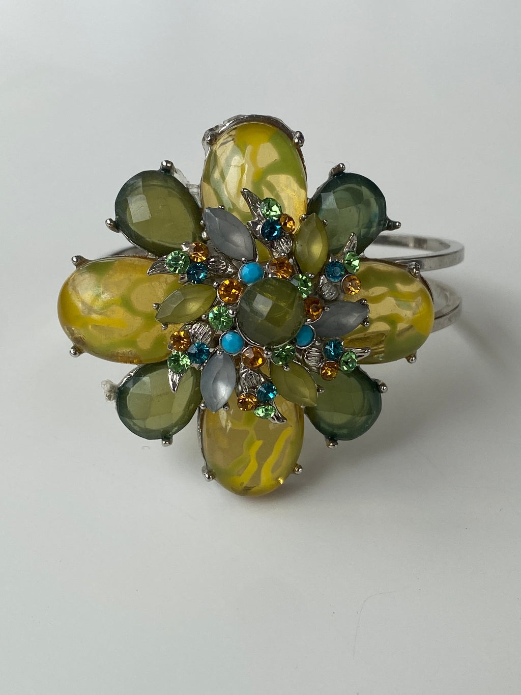 Statement Flower Design Rhinestone Silver Cuff Bracelet