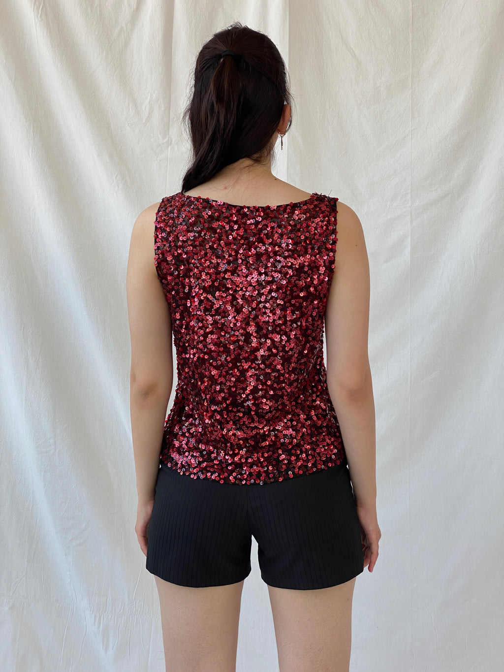 Vintage Vera Mont France Sequin Red Evening Top Sleeveless Party Tank Top - L