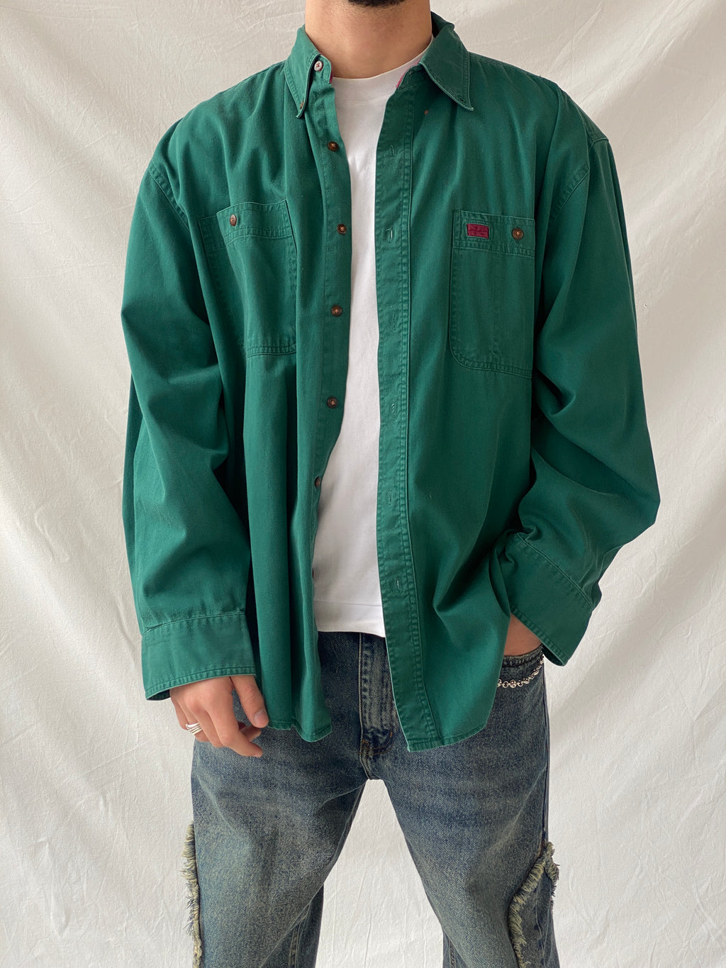 Vintage 90s Great Land Apparel Men’s Green Cotton Long Sleeve Shirt - XL