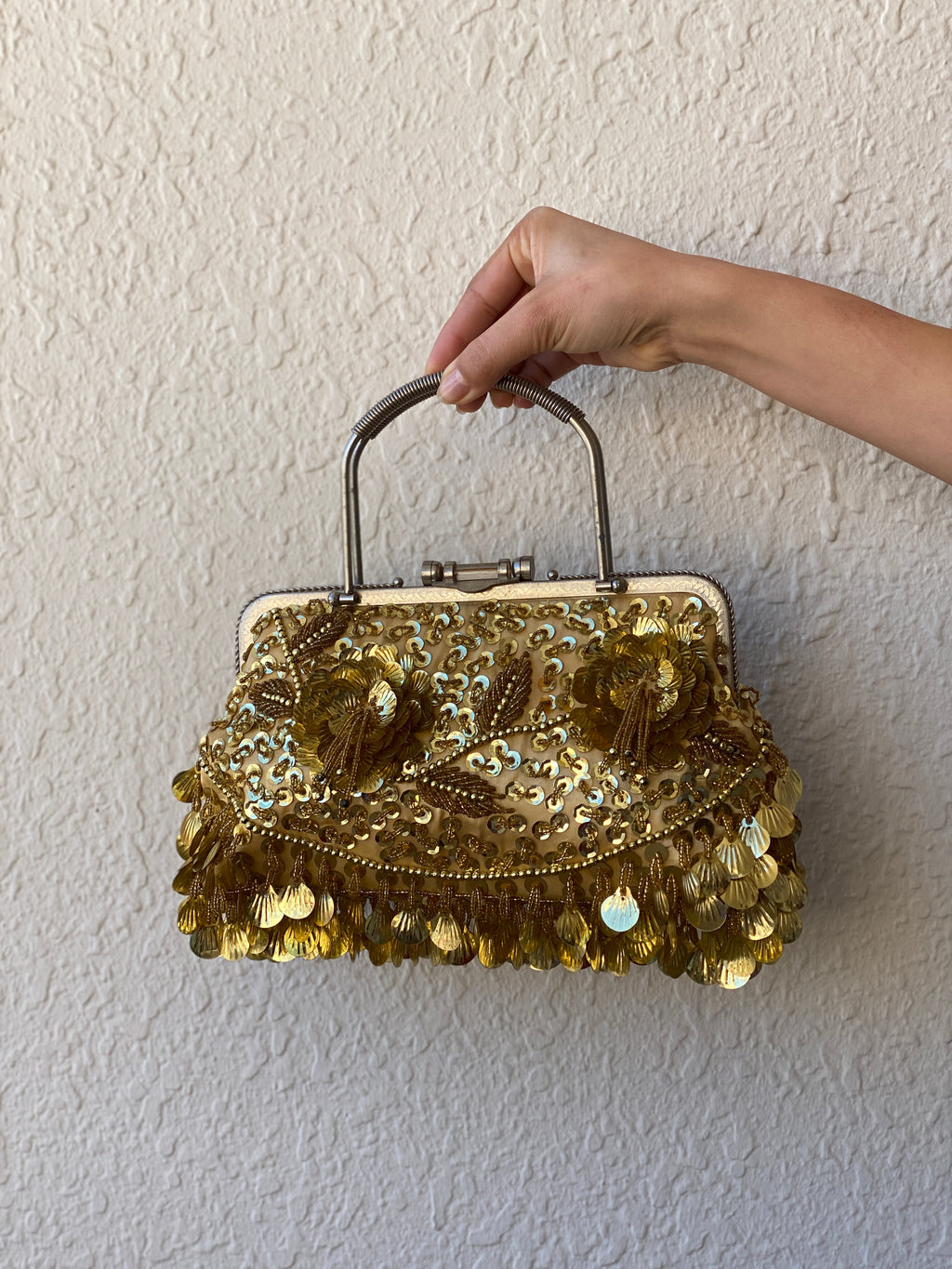Vintage Gold Beaded Evening Clutch Sequined Metal Handle Bag