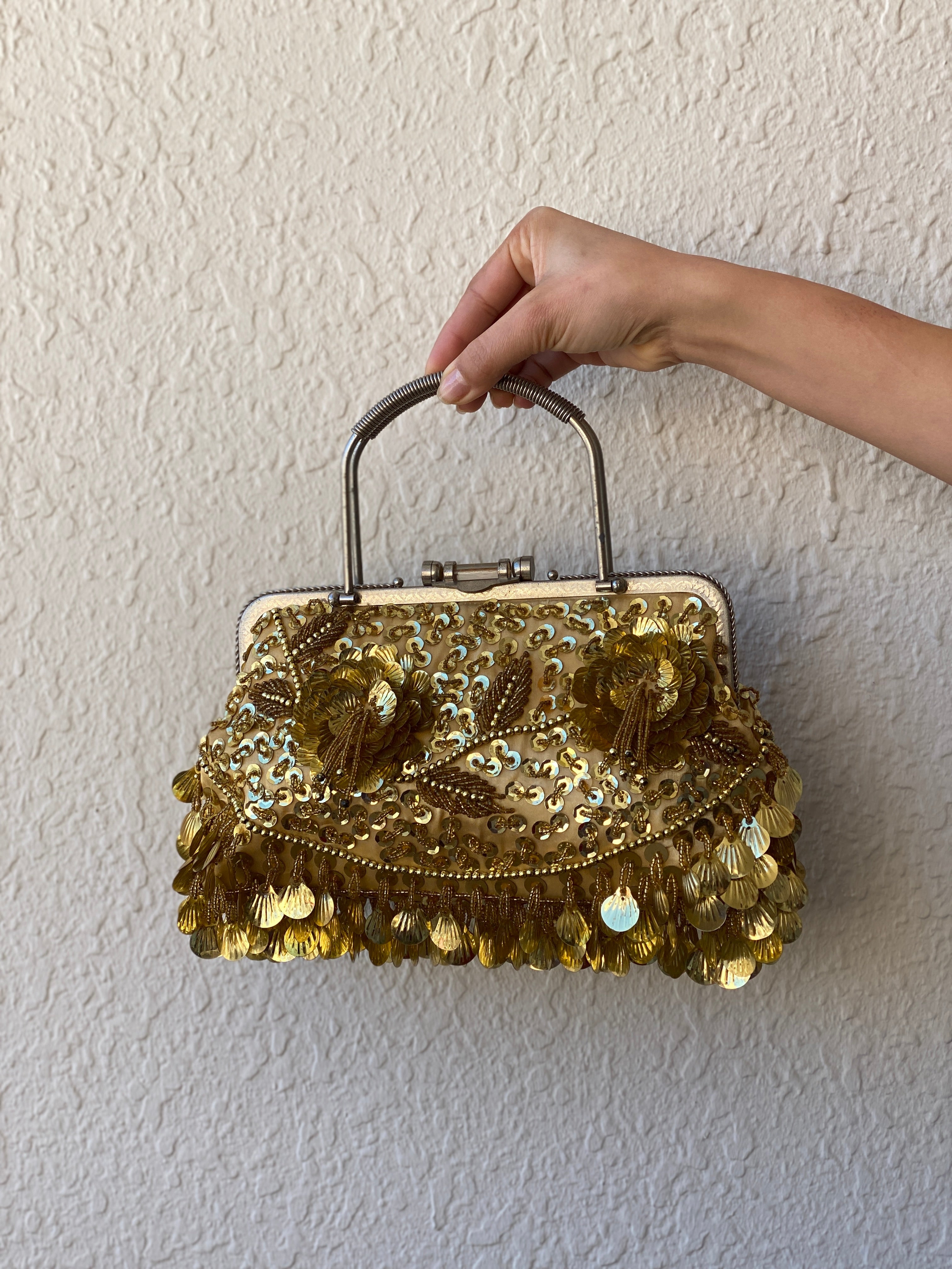 Vintage Gold Beaded Evening Clutch Sequined Metal Handle Bag