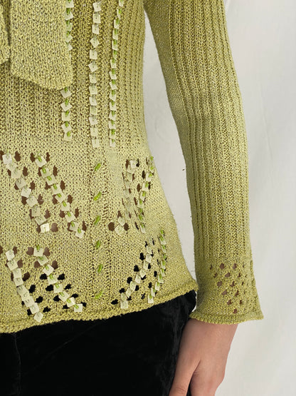 Vintage Y2K Motif Knitted Beaded Full Sleeve Top in Pistachio Green - M