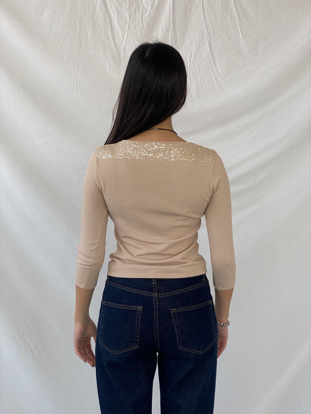 Y2K Caractêre Beige Beaded Round Neck Women’s Top - S