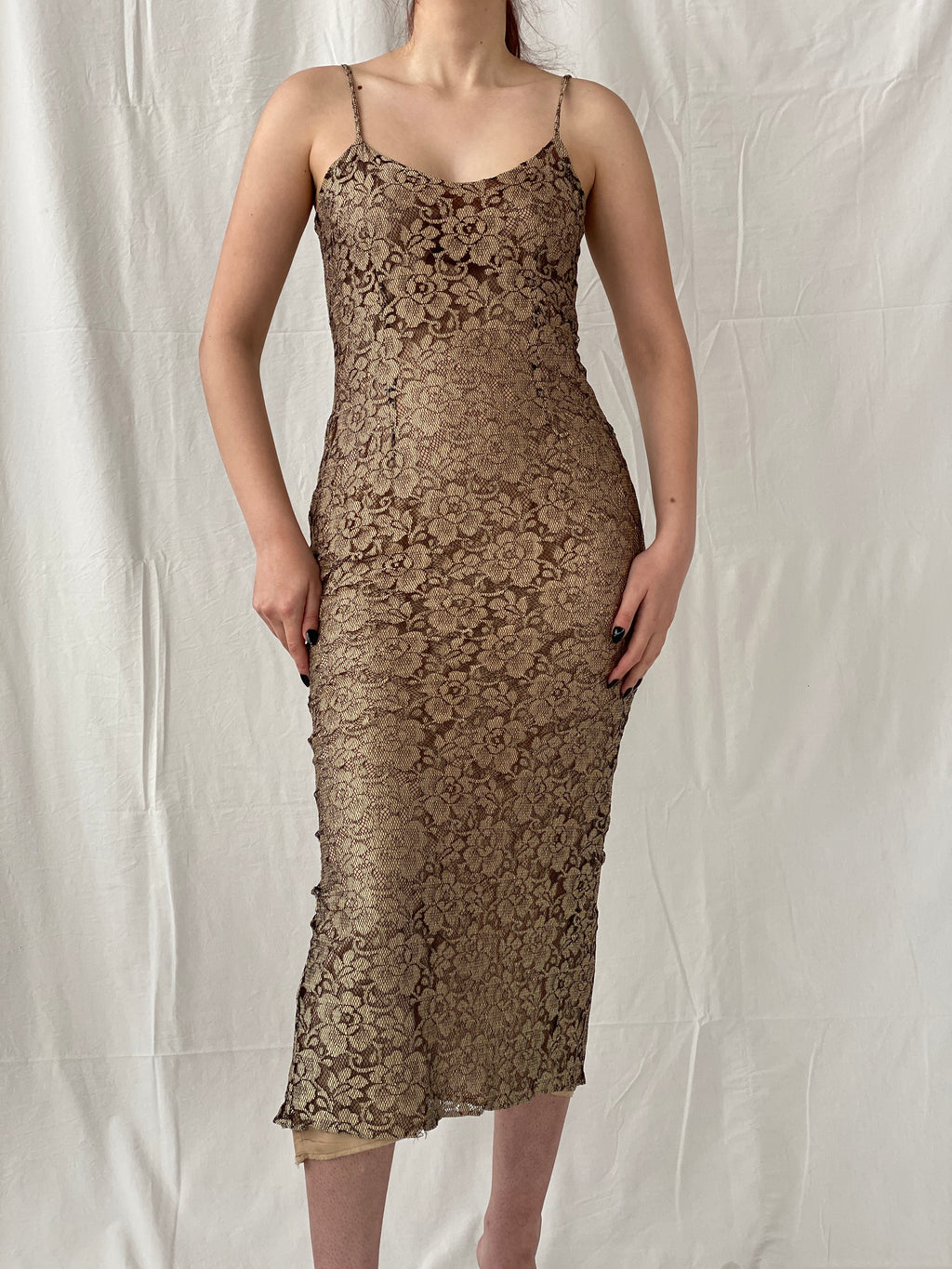 Vintage 90s Wallis Black Gold Lace Maxi Slip Dress with Back Slit - M