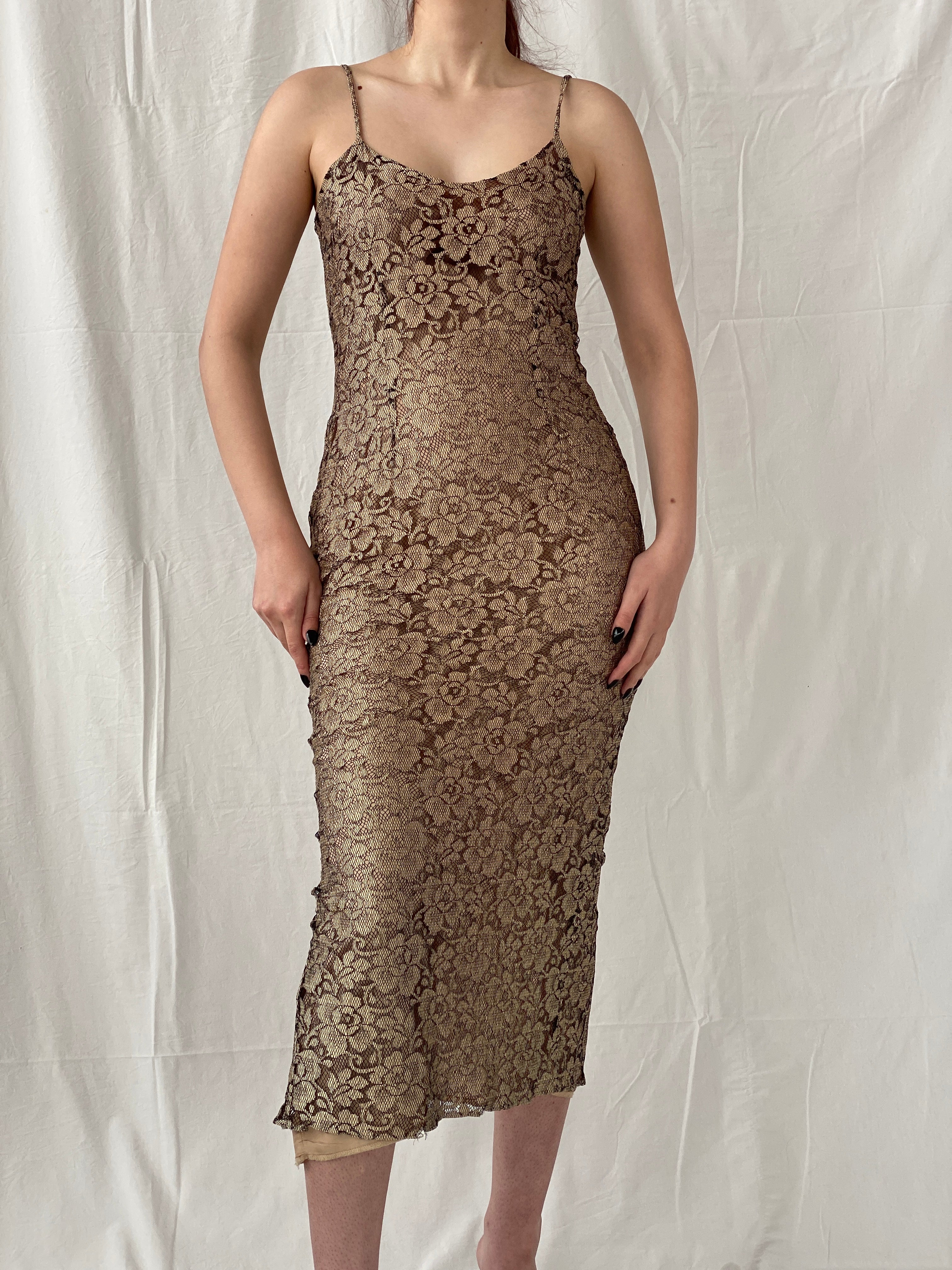 Vintage 90s Wallis Black Gold Lace Maxi Slip Dress with Back Slit - M