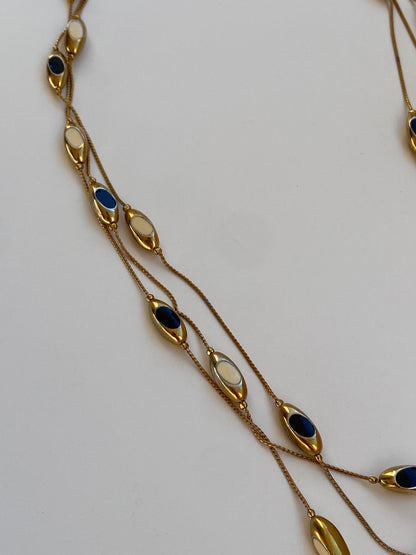 Vintage Y2K Gold-Tone Navy & Ivory Enamel Triple-Strand Long Necklace
