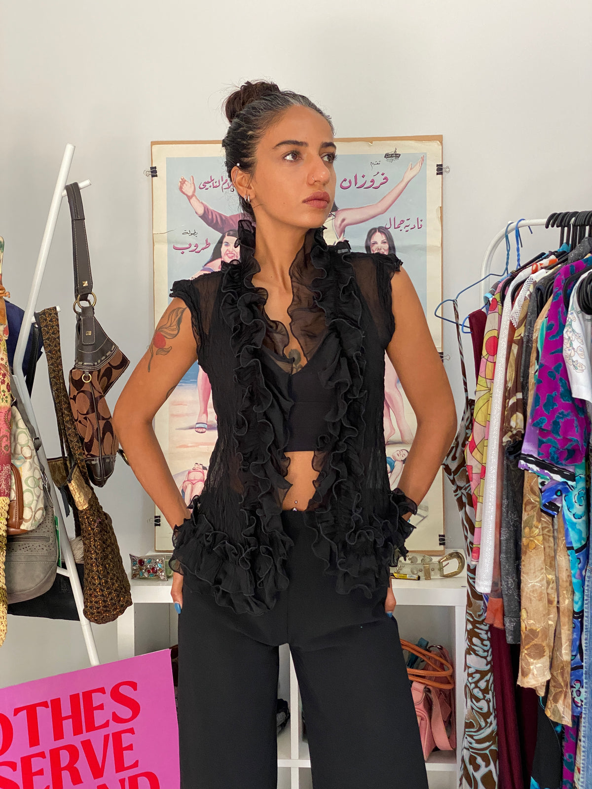 Y2K Emilie Black Sheer Sleeveless Ruffle Cardigan Chiffon Overlay – S Y2K Emilie Black Sheer Sleeveless Ruffle Cardigan Chiffon Overlay – S