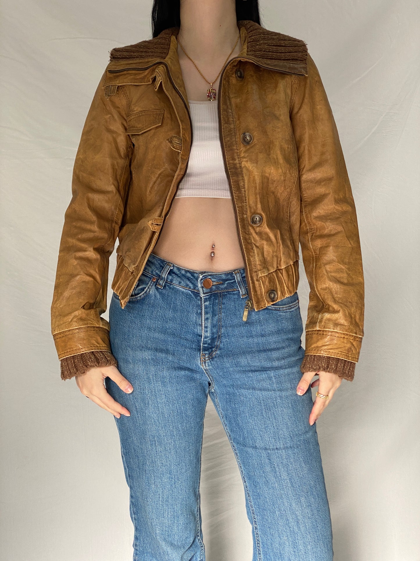 Y2K Jeim Basic Genuine Leather Tan Brown Distressed Cropped Jacket - S