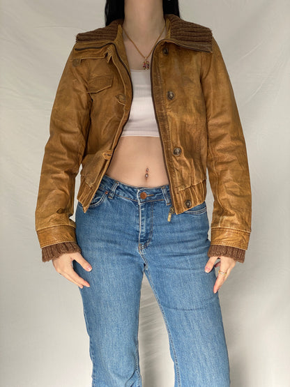 Y2K Jeim Basic Genuine Leather Tan Brown Distressed Cropped Jacket - S