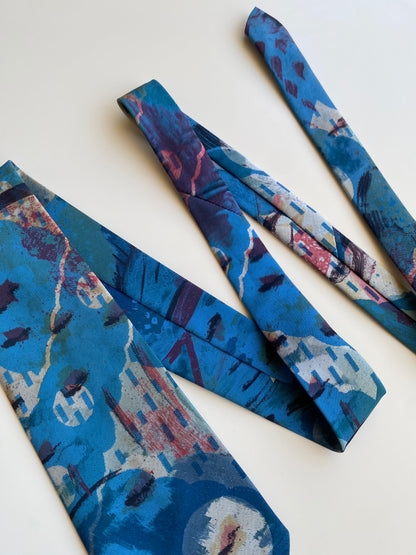 Vintage 1990s Blue Abstract Art Painterly Wide Necktie