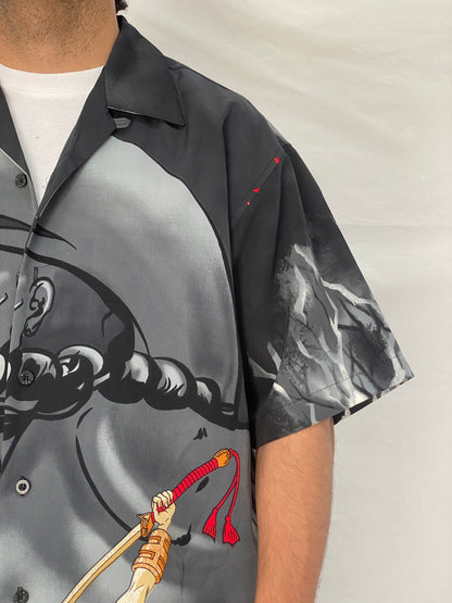 Vintage Y2K Million Guy Anime Graphic Button Up Shirt Black Grey Samurai Manga Shirt - M