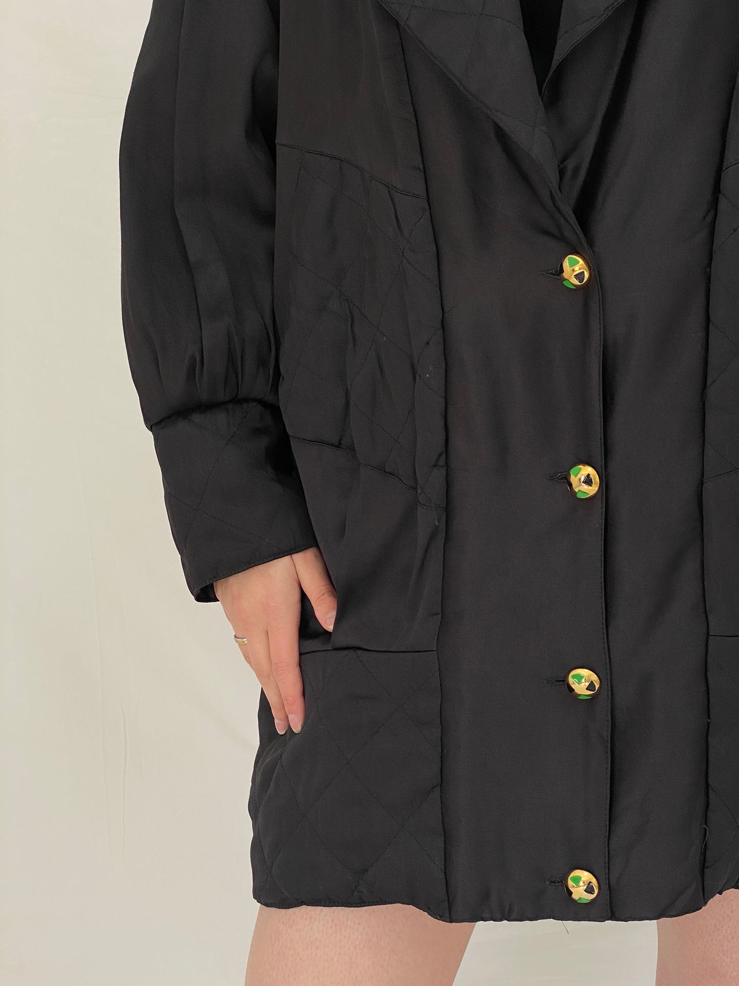 Vintage Black Quilted Puffer Oversized Fit Jacket with Gold Buttons - L