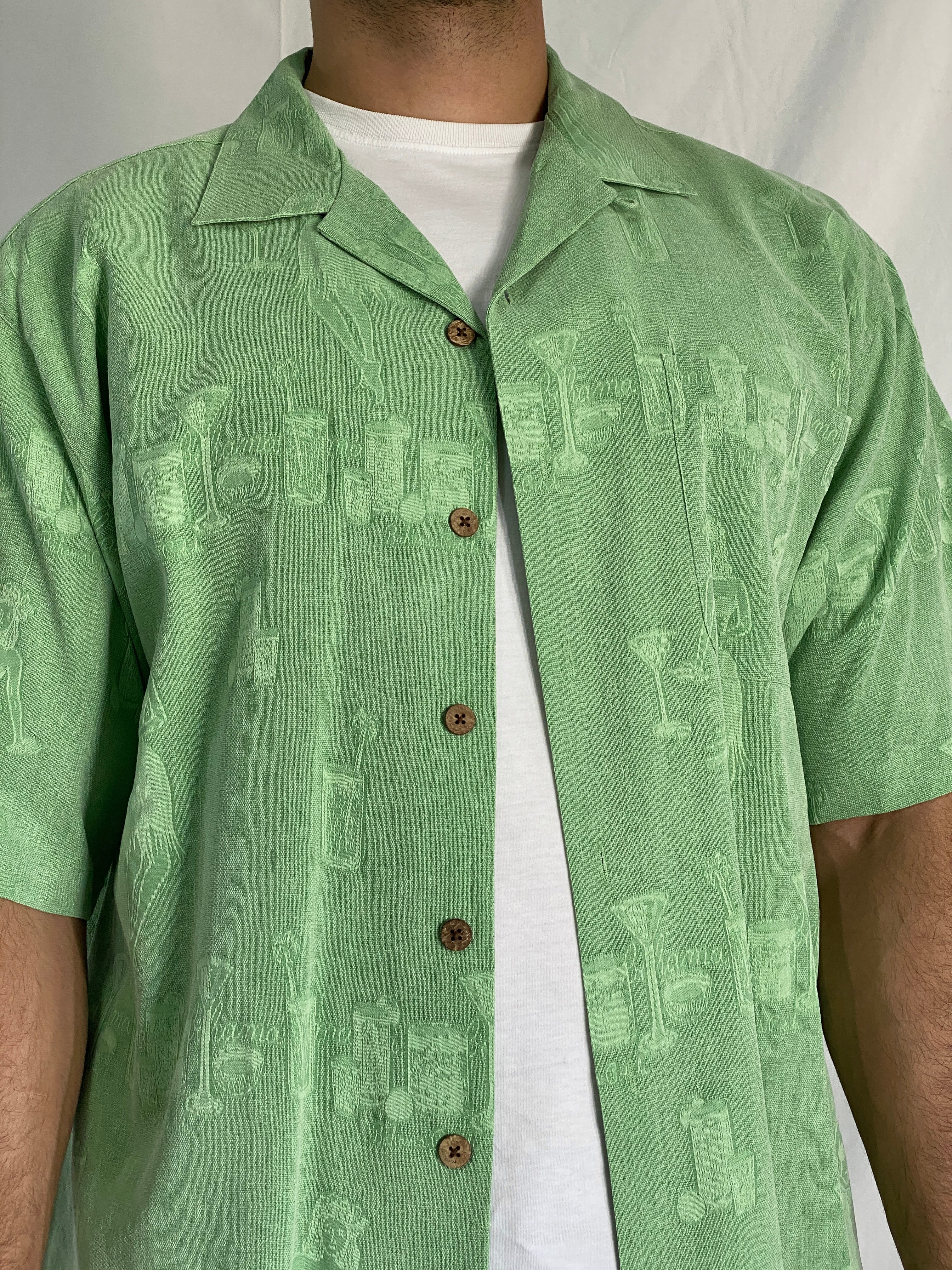 Vintage Tommy Bahama Silk Green Hawaiian Camp Shirt – Cocktail & Hula Print Men’s Shirt - L
