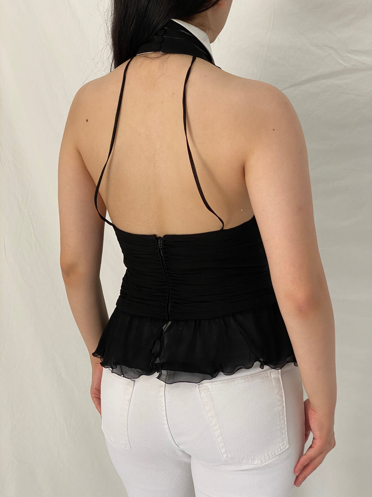 Y2K Lagerfeld Gallery Black Silk Halter Blouse with White Collar – S Y2K Lagerfeld Gallery Black Silk Halter Blouse with White Collar – S