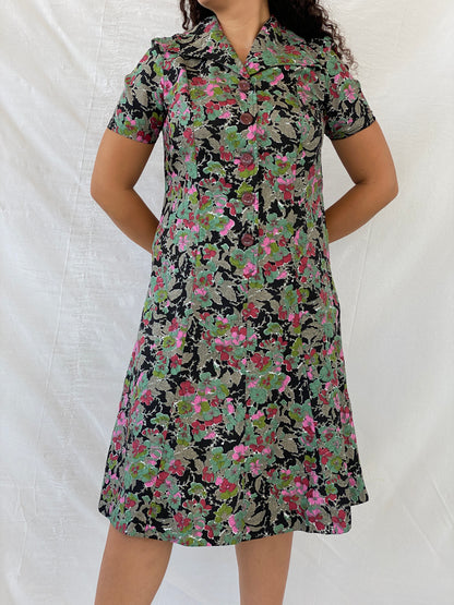 Vintage Handmade Floral Picnic Black and Green Midi Dress - L