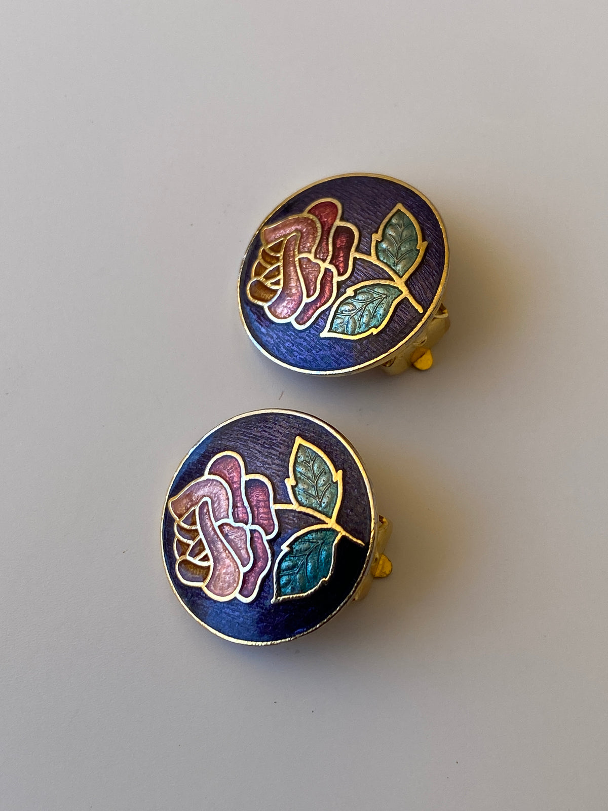 Vintage Enamel Rose Clip-On Blue Floral Cloisonné Style Mini Earrings Vintage Enamel Rose Clip-On Blue Floral Cloisonné Style Mini Earrings