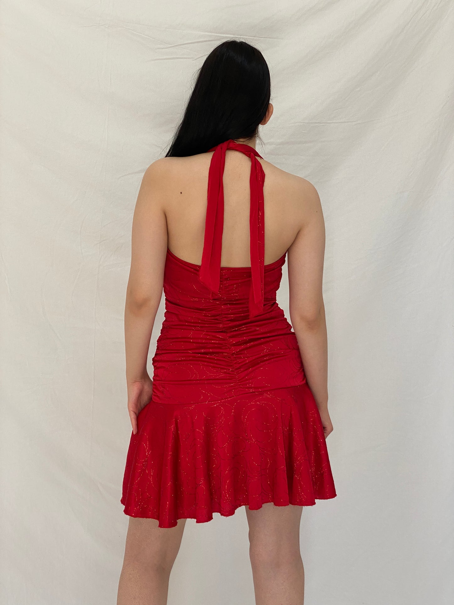 Vintage Y2K Ruby Rox Red Glitter Ruched Halter Mini Dress - M