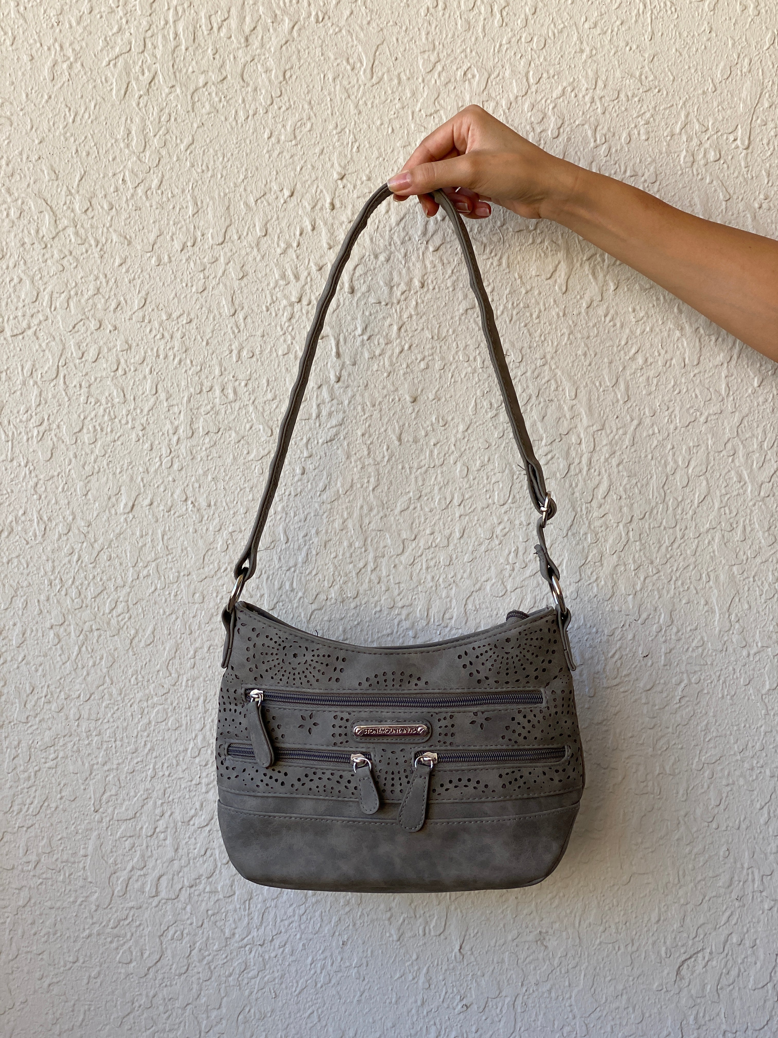 Y2K Stone Mountain USA Grey Perforated Vegan Leather Shoulder Bag