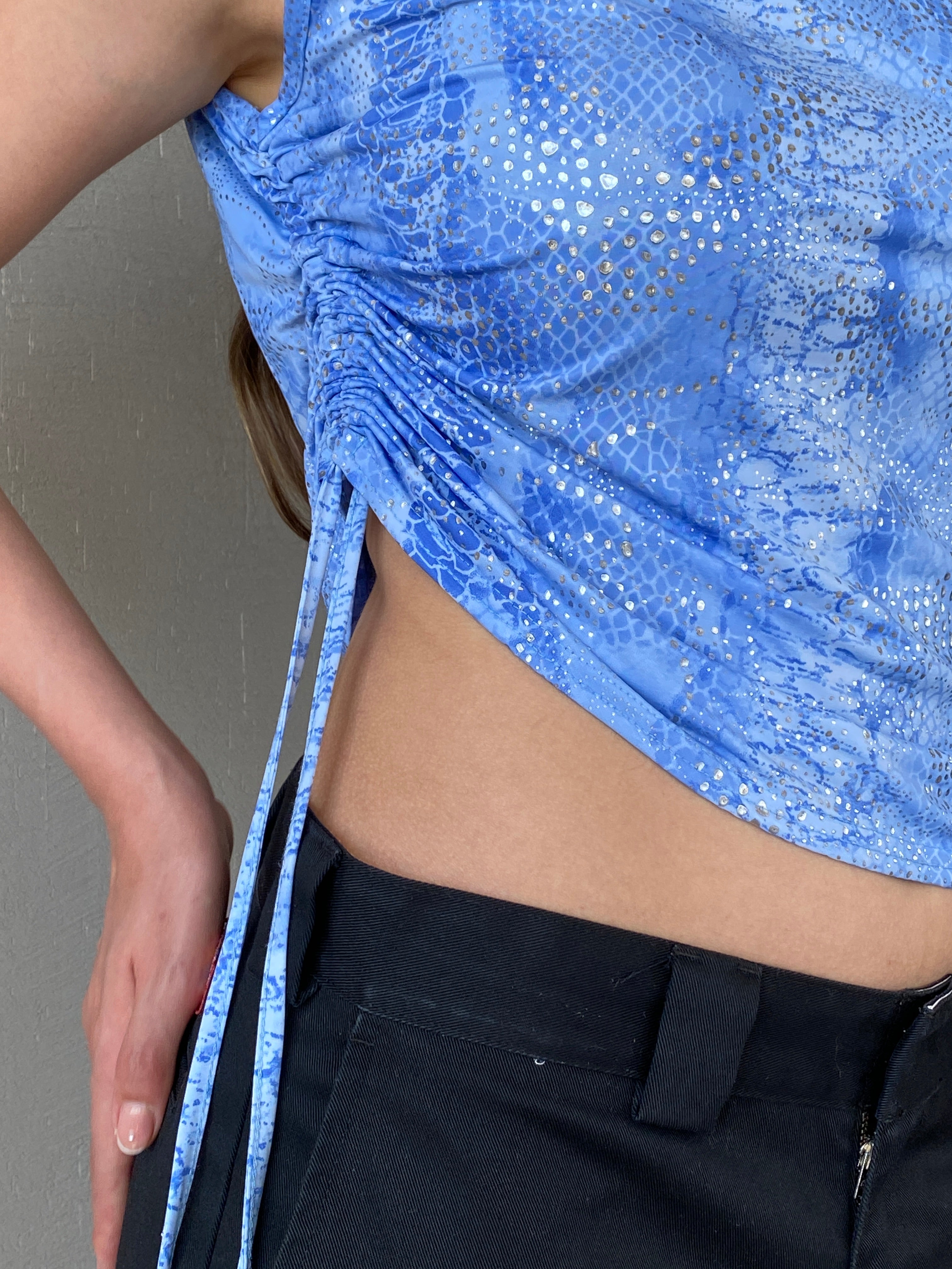 Y2K Festival Blue and Silver Ruched Sides Sleeveless Top - M