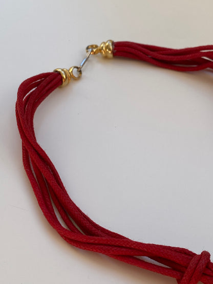 Vintage 1980s Style Red Multi-Cord Gold Tone Sculptural Necklace