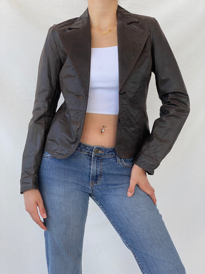 00s Clock House Brown Genuine Leather Blazer Jacket - S