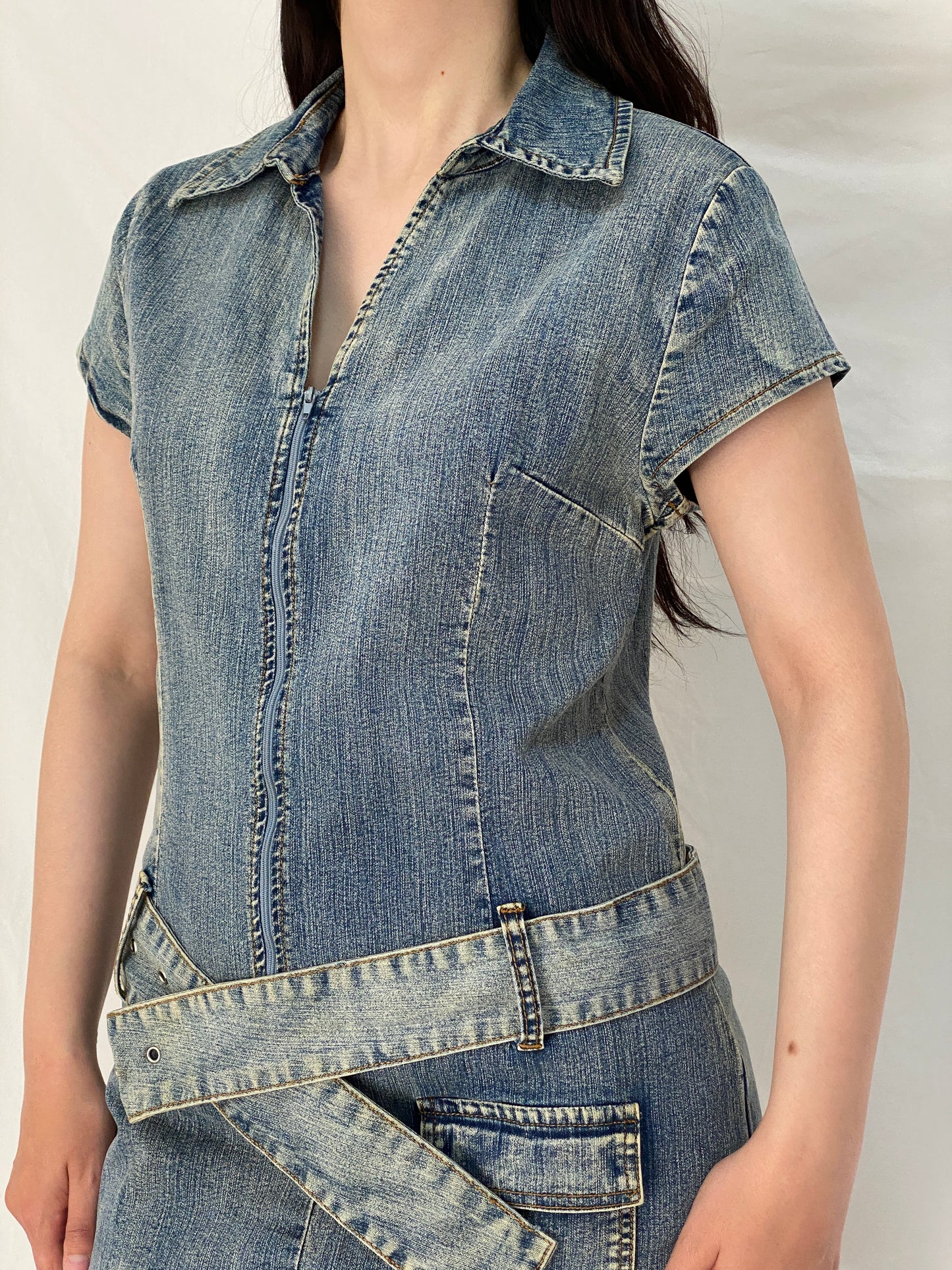 Vintage Y2K X-Mail Belted Zip Front Short Sleeve Denim Dress – M