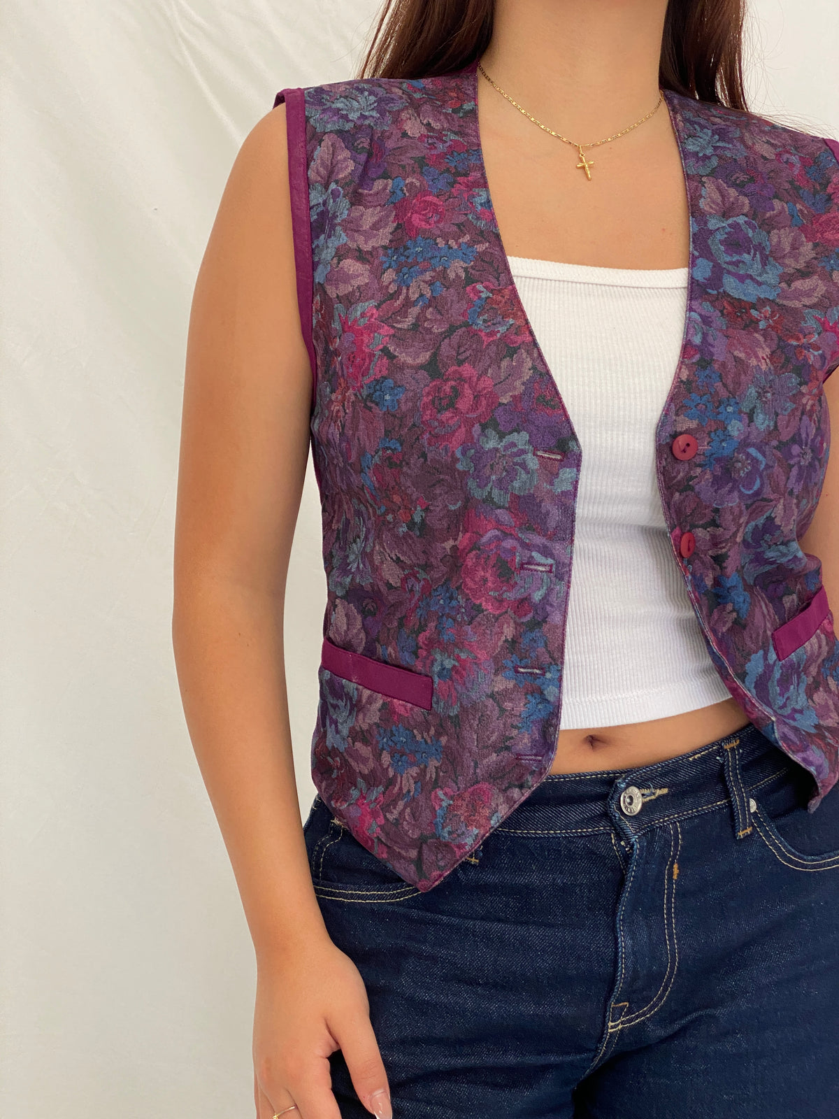 Vintage 90s Pierre Lamonte Purple Waistcoat Floral Button Vest – M Vintage 90s Pierre Lamonte Purple Waistcoat Floral Button Vest – M