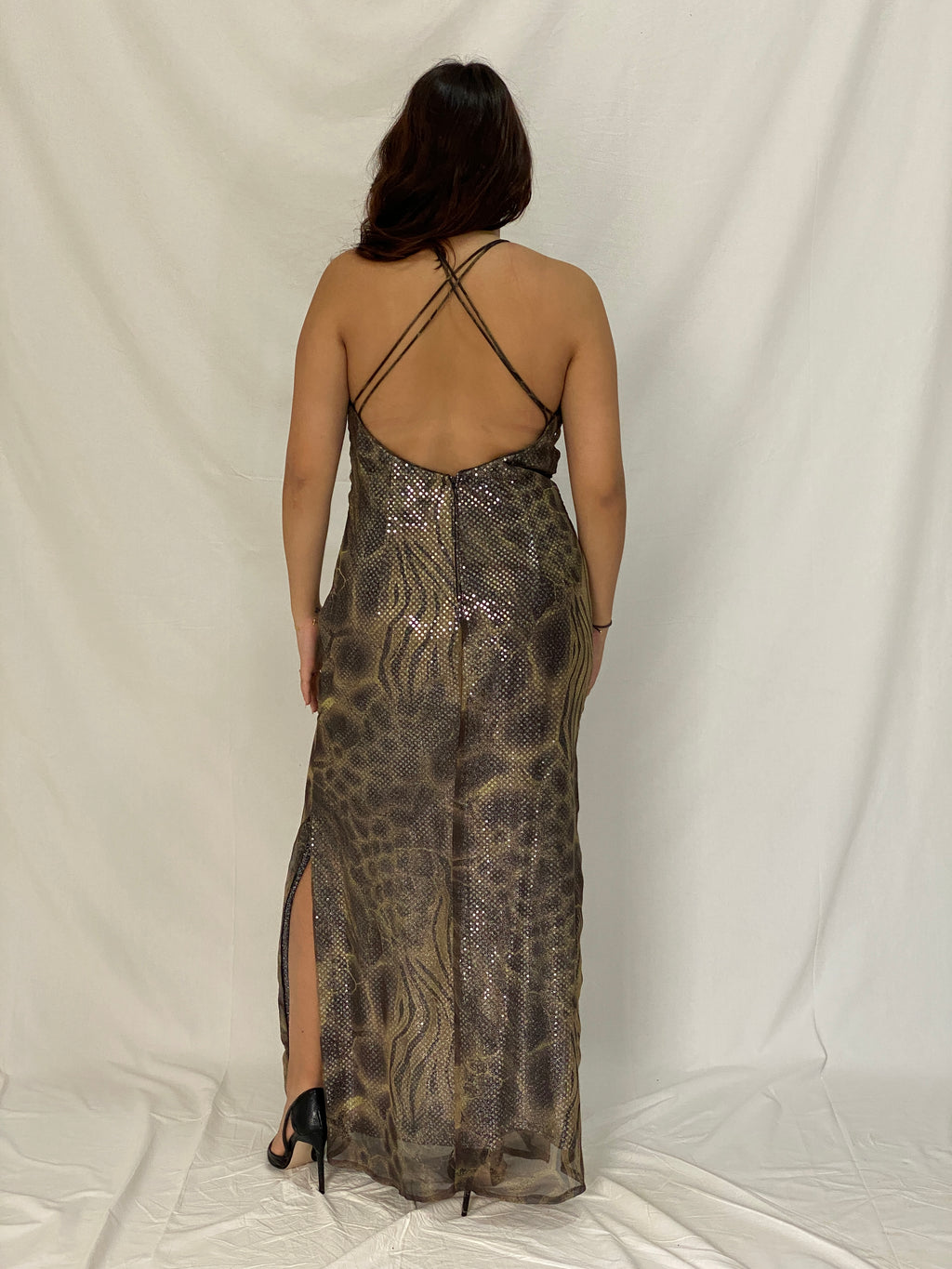 Vintage Betsy & Adam Metallic Animal Print Maxi Gown Sequin Mesh Overlay 90s Y2K Evening Dress - L