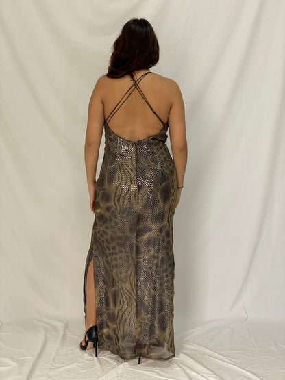 Vintage Betsy & Adam Metallic Animal Print Maxi Gown Sequin Mesh Overlay 90s Y2K Evening Dress - L