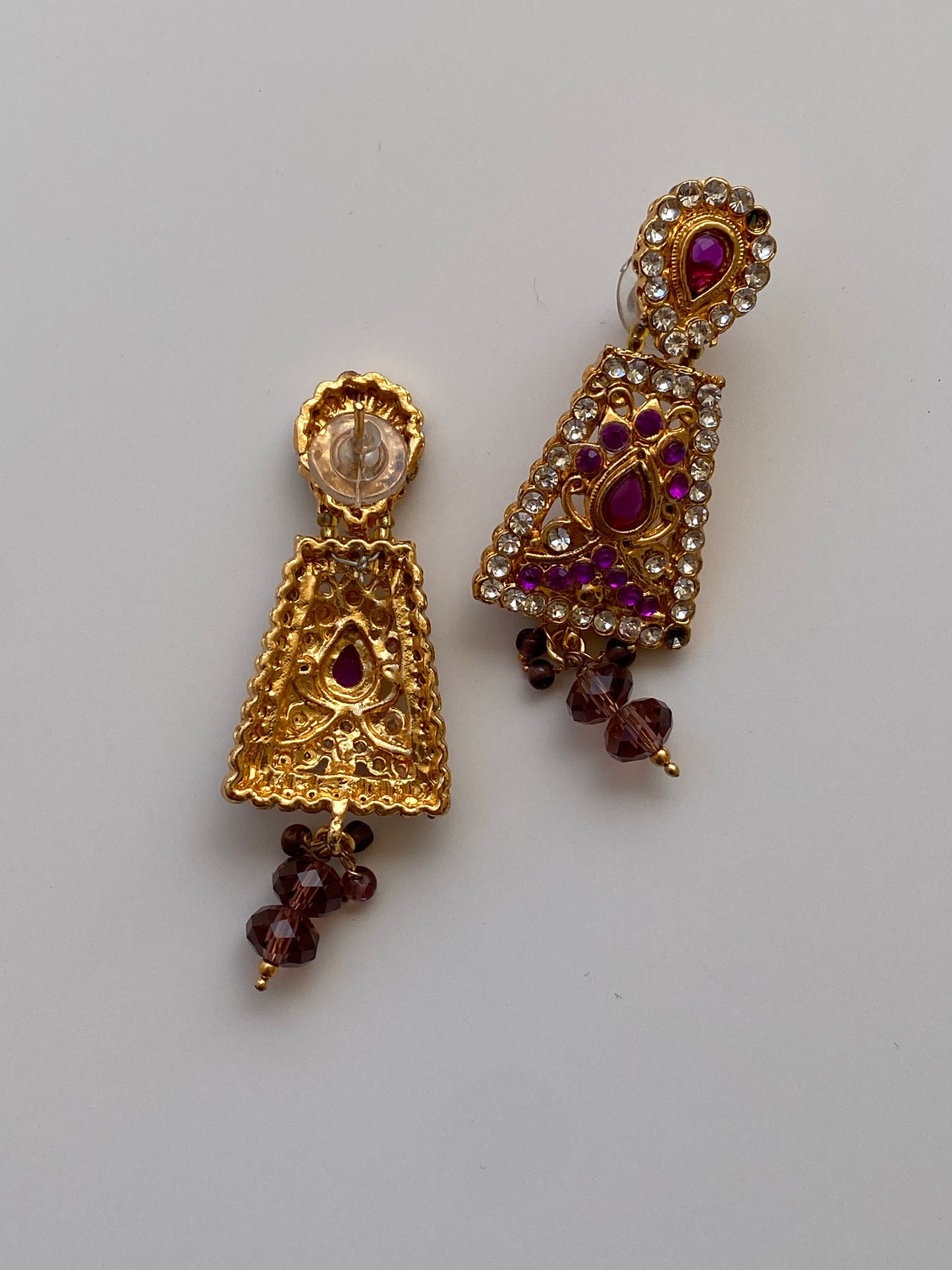 Vintage Jewellery Set Triple Strand Amethyst Crystal Bead Necklace with Rhinestone Gold Earrings