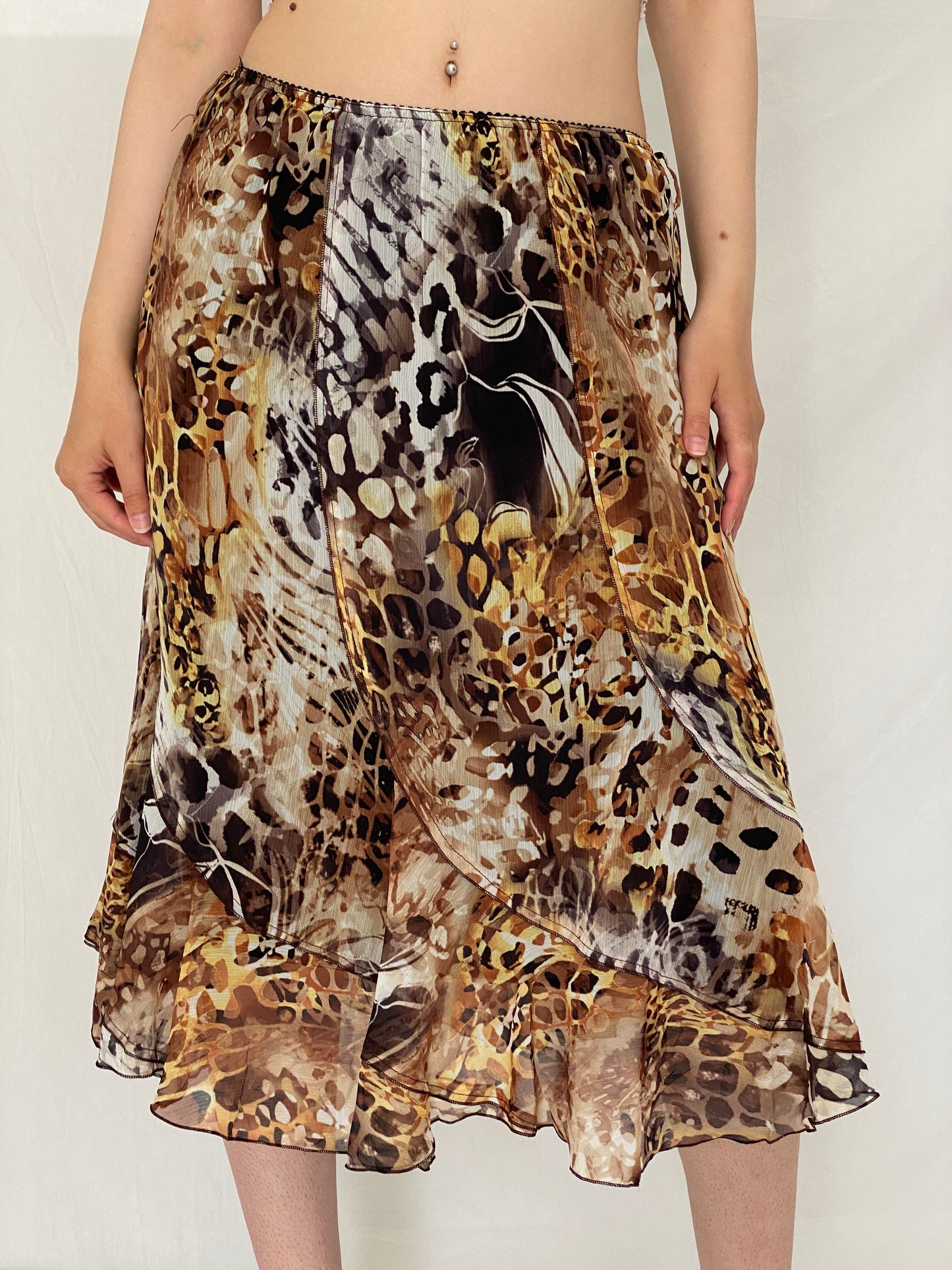 Vintage Y2K Brown Animal Print Mesh Midi Skirt – L