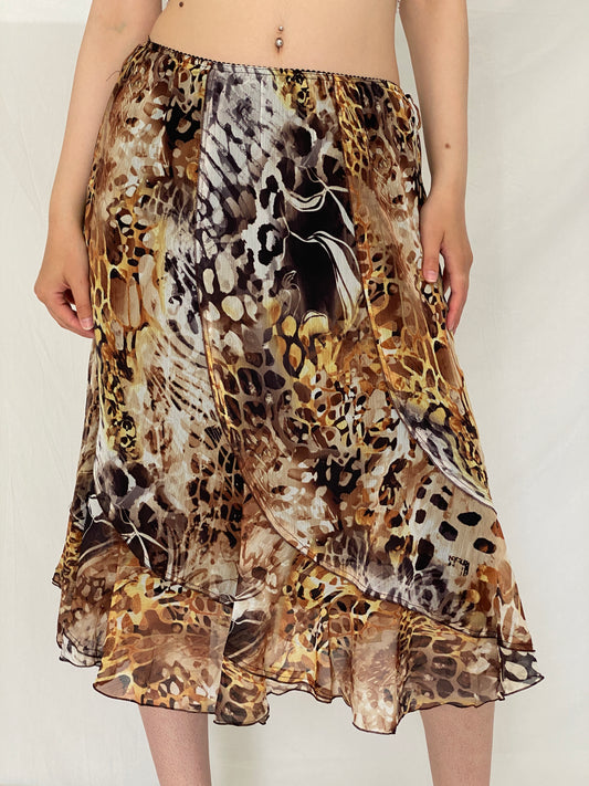 Vintage Y2K Brown Animal Print Mesh Midi Skirt – L