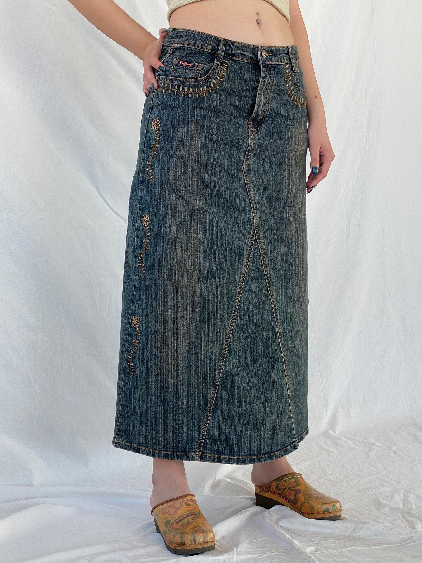 Vintage Y2K Youyipin Jeans Maxi A-line Embroidered Denim Skirt - 42EUR