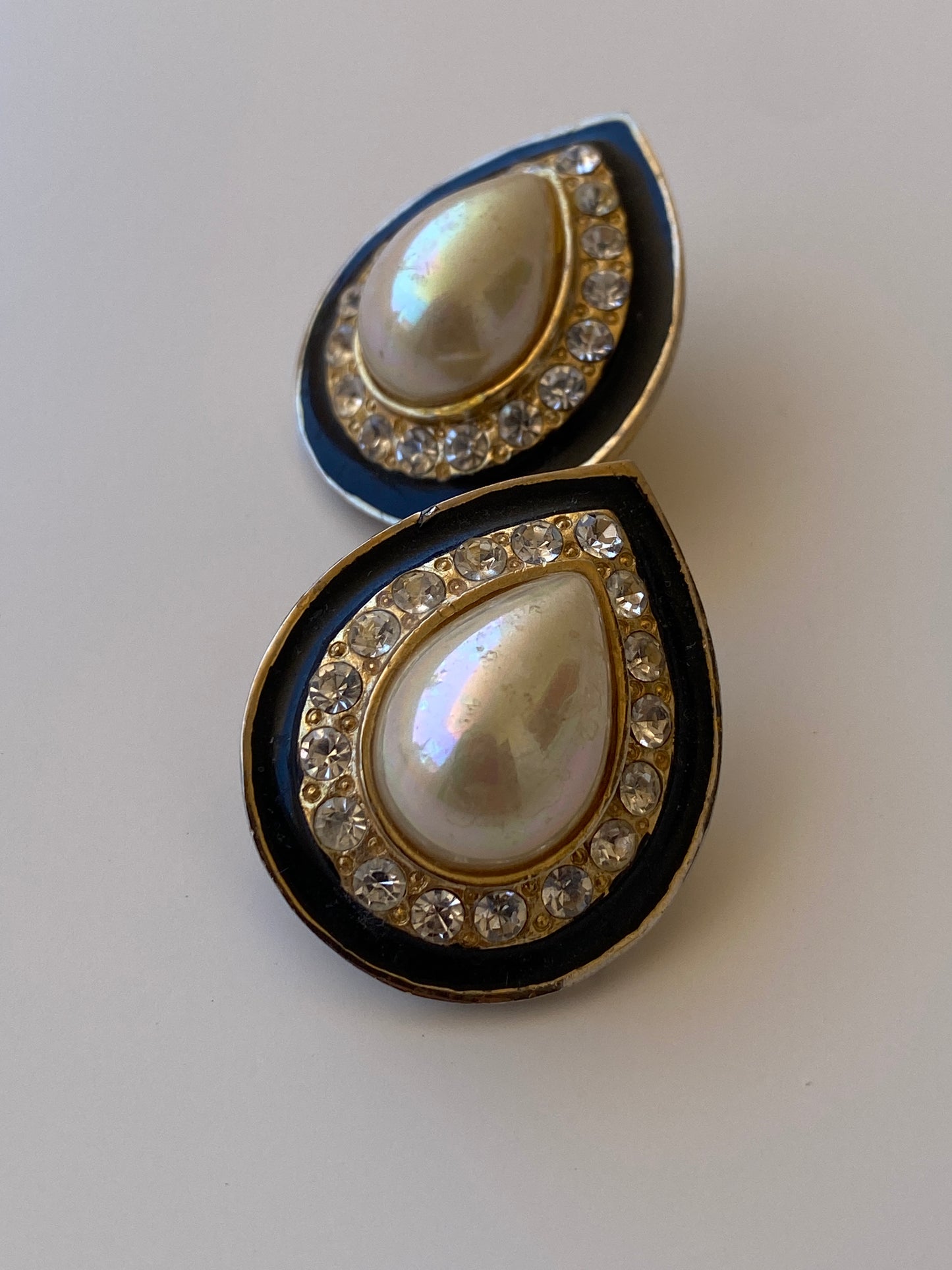 Vintage Faux Pearl Rhinestone Teardrop Statement Earrings Black & Gold Tone