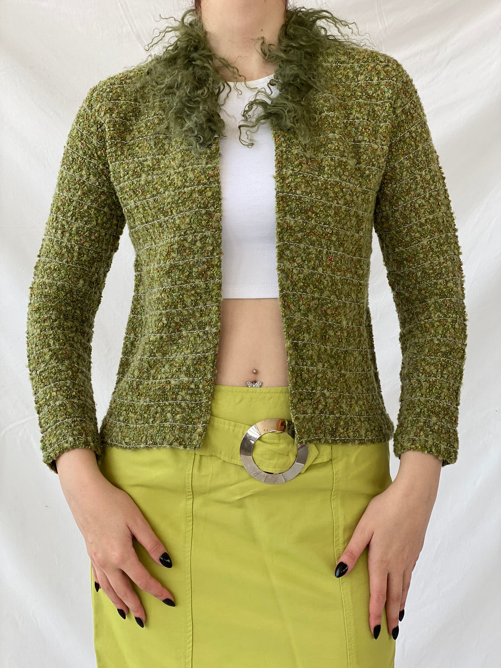 Y2K Queence Green Tweed Fur Collar Textured Women’s Cardigan - XS