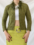 Y2K Queence Green Tweed Fur Collar Textured Women’s Cardigan - XS