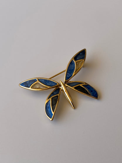 Vintage Blue Enamel Butterfly Brooch Gold Tone Statement Pin