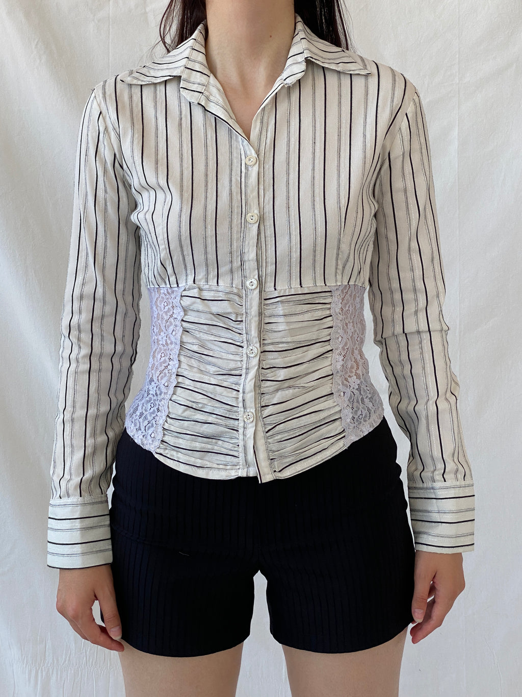 Y2K Explosion White Black Striped Office Core Full Sleeve Shirt - S