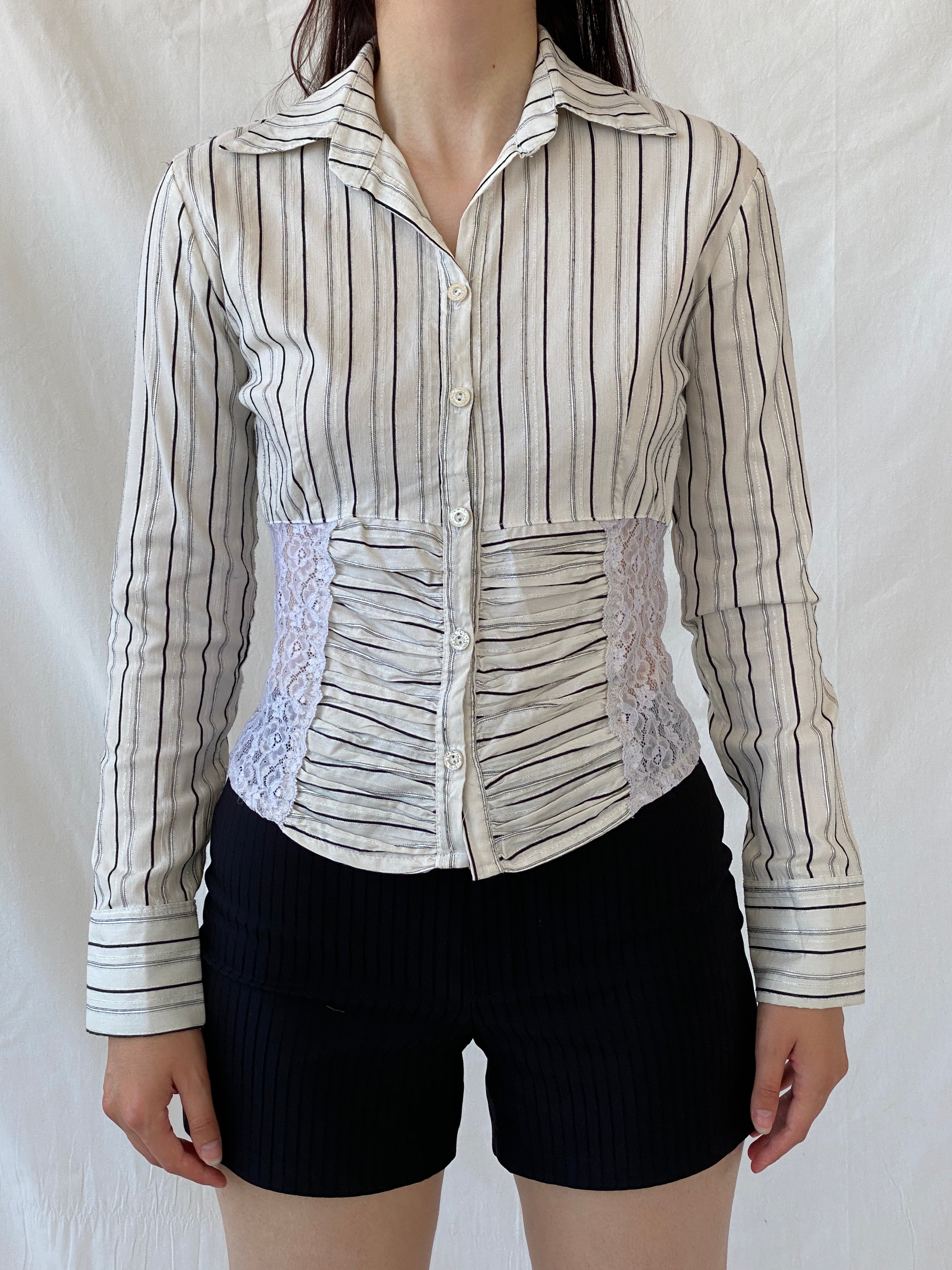 Y2K Explosion White Black Striped Office Core Full Sleeve Shirt - S