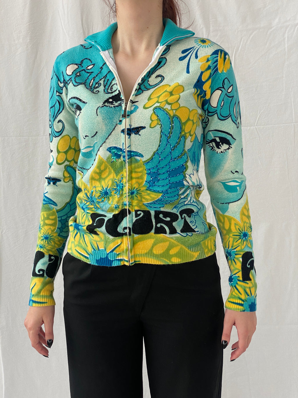 Rare Vintage Noun Paris Graphic Blue Beaded Zip Up Cardigan - M