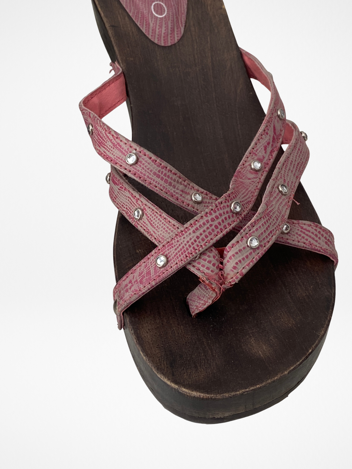 Vintage Y2K ALDO Pink Rhinestone Strappy Wooden Clog Sandals - 37 EU Vintage Y2K ALDO Pink Rhinestone Strappy Wooden Clog Sandals - 37 EU