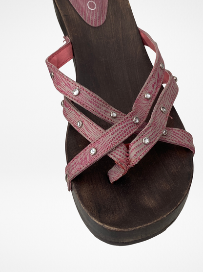 Vintage Y2K ALDO Pink Rhinestone Strappy Wooden Clog Sandals - 37 EU